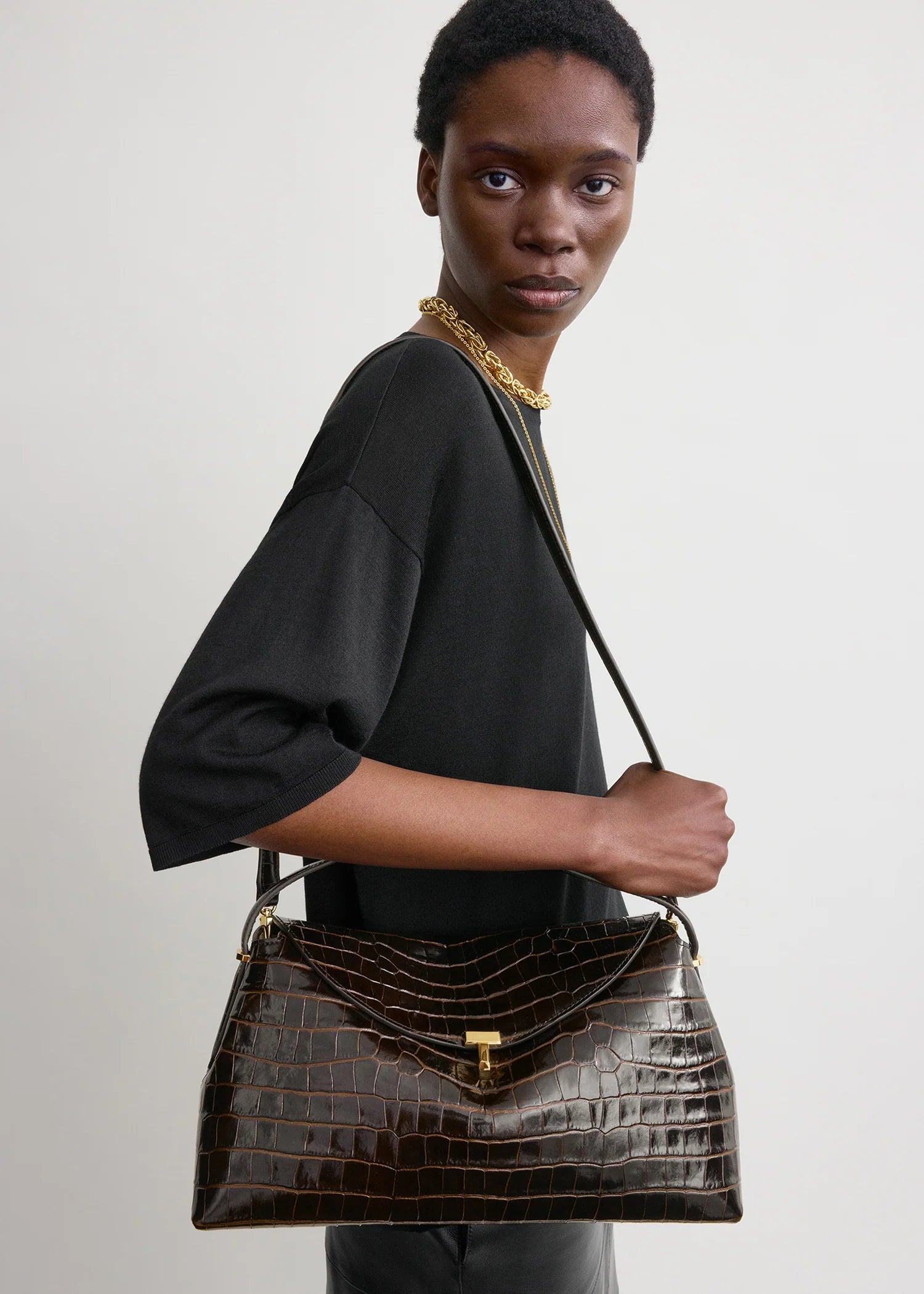 T-Lock Croco-Embossed Top Handle Bag