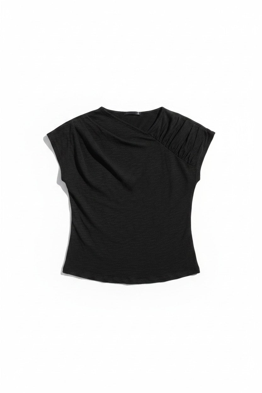 Mixed Media Ruched Shoulder Top