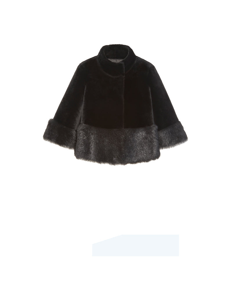 Stand Collar Shearling Jacket w/ Trim