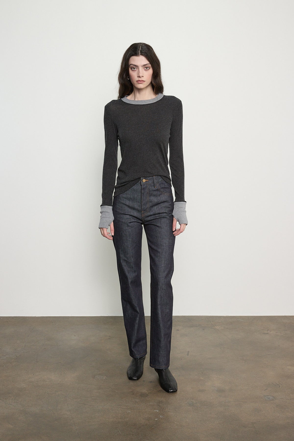 Cashmere Jersey Contrast Easy Cuffed Crew Top