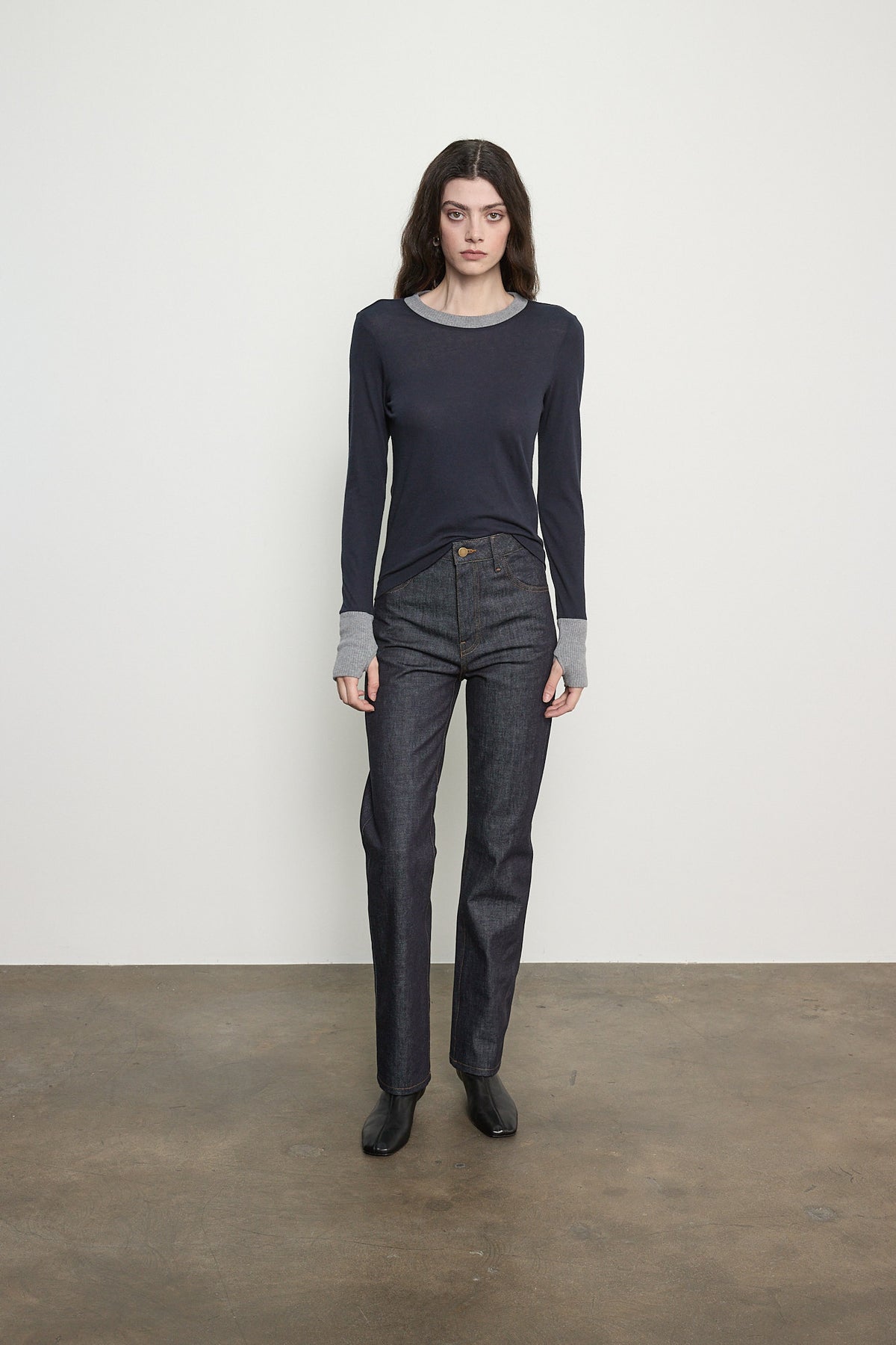 Cashmere Jersey Contrast Easy Cuffed Crew Top