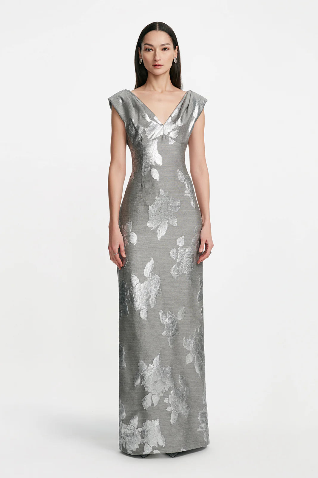 Floral Fil Coupe V Neck Gown