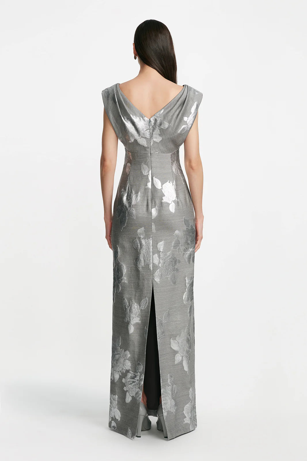 Floral Fil Coupe V Neck Gown