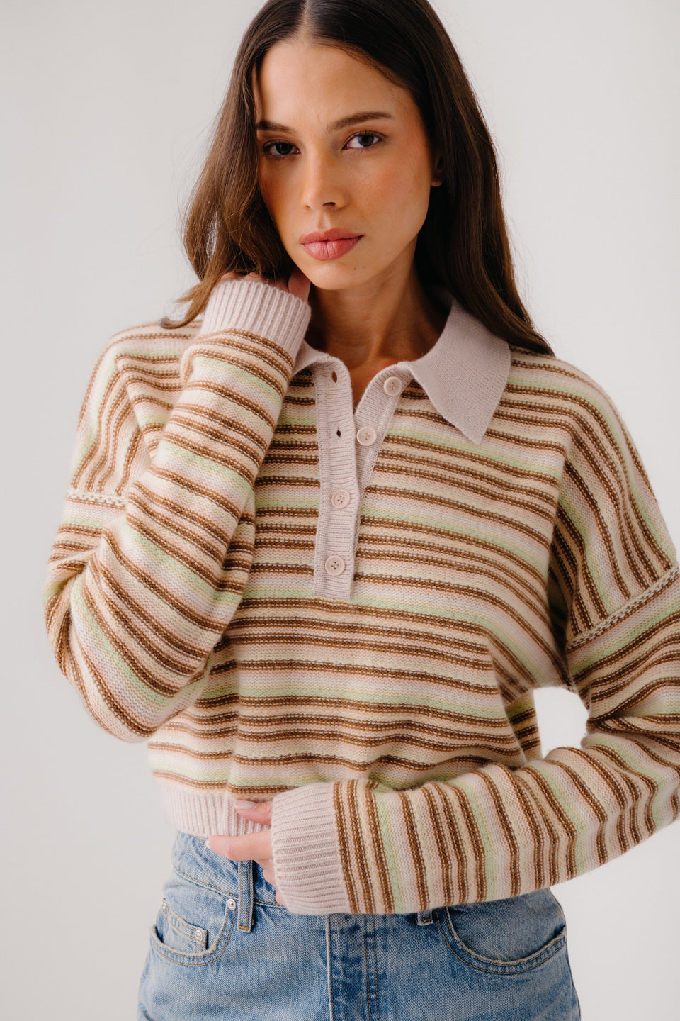 Maddie Cropped Stripe Polo Sweater
