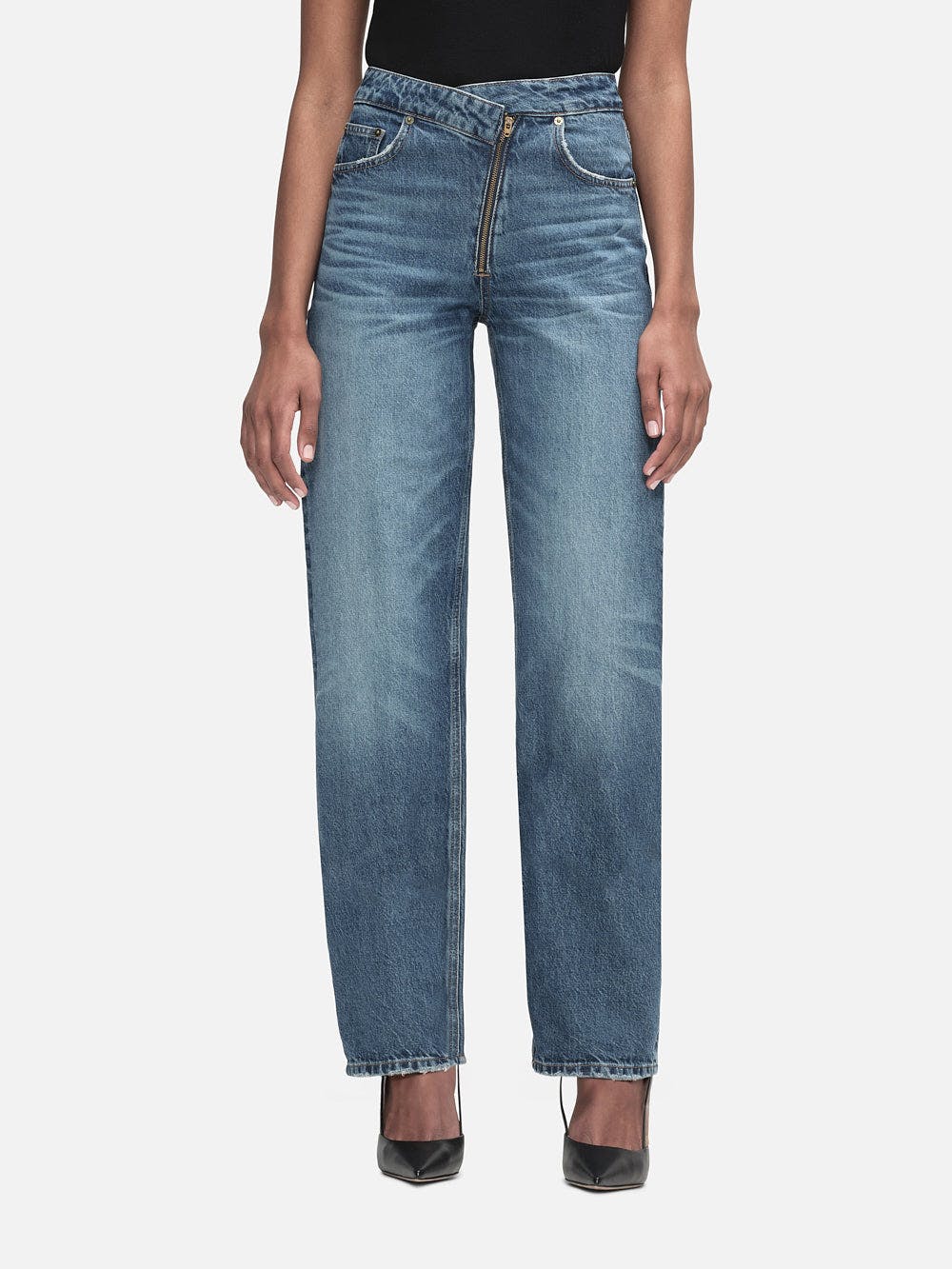 Angled Zipper Long Barrel Jean